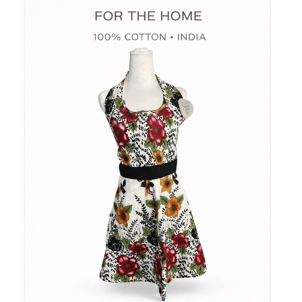 DII Vintage India Flower Floral Halter Apron Red Orange Black 100% Cotton NEW